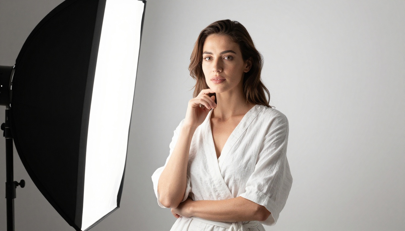 Studio split-lighting portrait on white seamless backdrop, dramatic octabox lighting, exceptional skin pore and texture detail