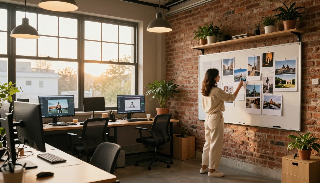 Modern creative studio with mood board and AI editing software on monitors