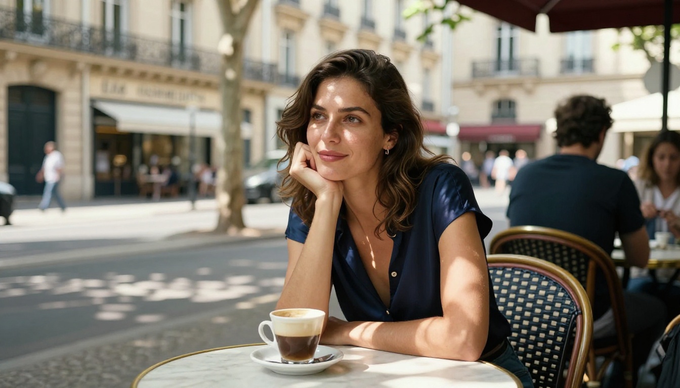 Paris café terrace portrait, dappled overhead leaf light, candid leaning pose, authentic street photography atmosphere