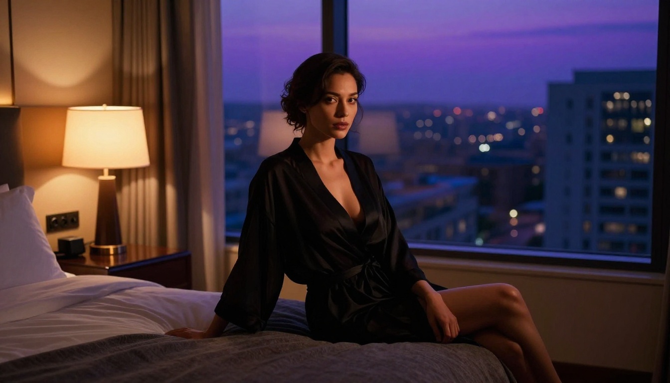 Moody hotel room dusk portrait, single warm amber bedside lamp, cool blue city window light, cinematic Cinestill 800T atmosphere