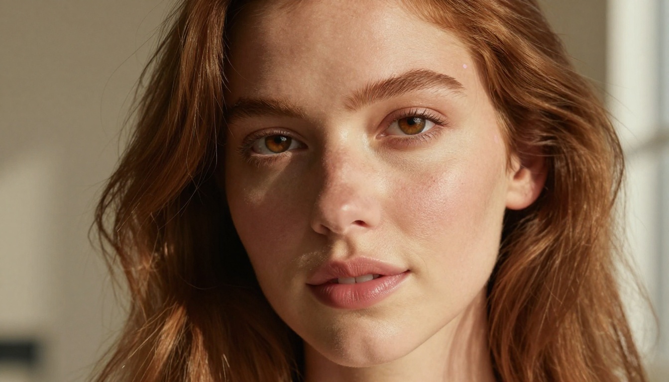 Portrait of a confident woman with natural auburn hair and detailed skin texture in warm window light Portrait of a confident woman with natural auburn hair and detailed skin texture in warm window light