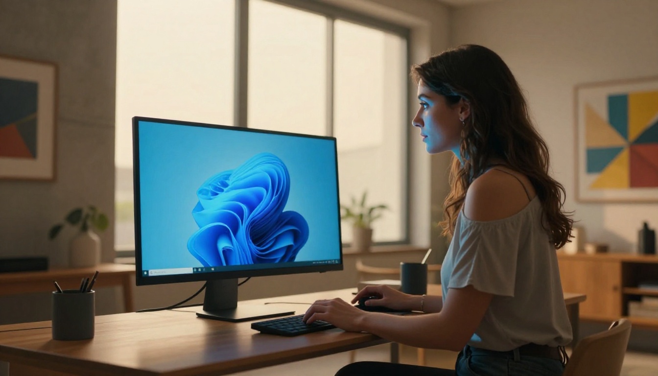 Woman creator in a modern apartment standing at a large monitor showing colorful AI-generated images, warm afternoon light Woman creator in a modern apartment standing at a large monitor showing colorful AI-generated images, warm afternoon light