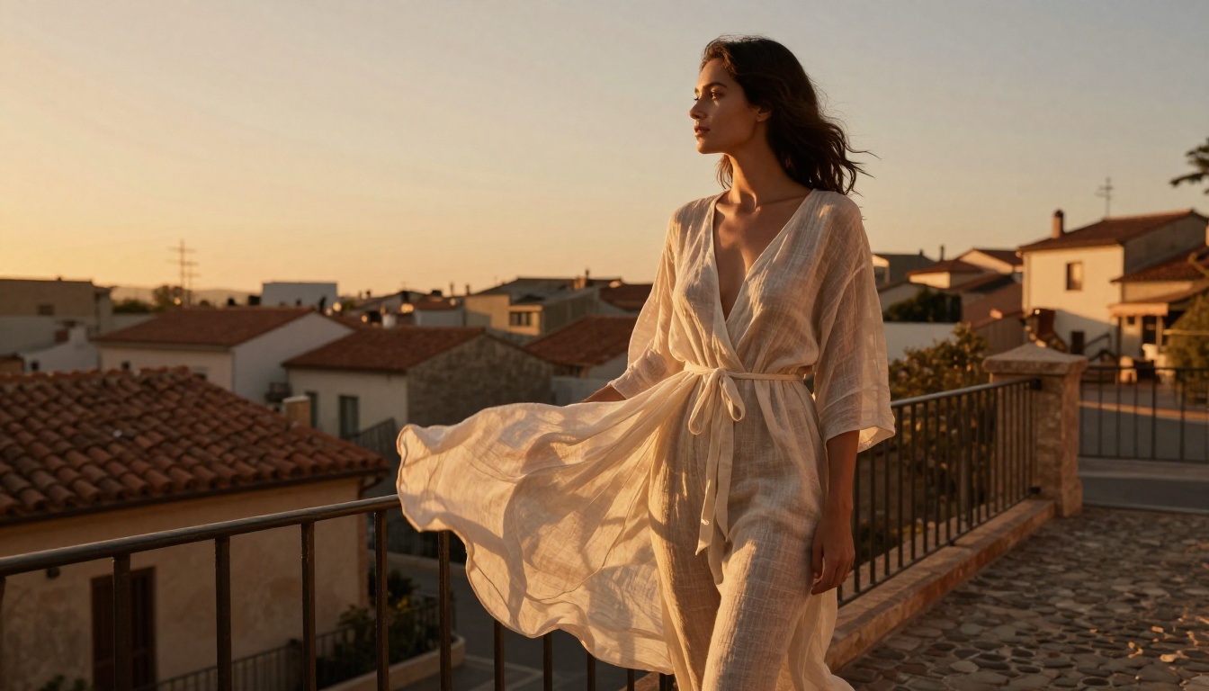 Elegant woman in a sheer linen dress on a European terrace at golden hour, warm amber sky behind her Elegant woman in a sheer linen dress on a European terrace at golden hour, warm amber sky behind her