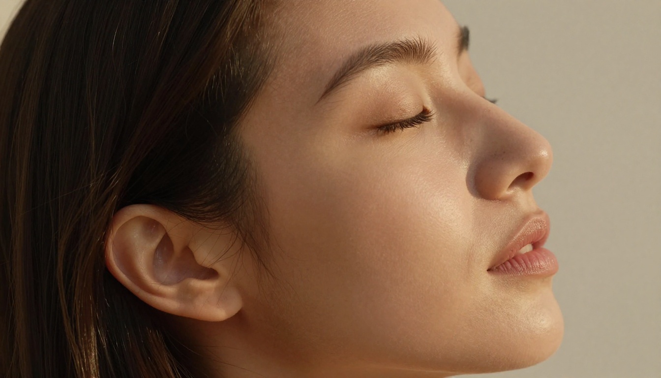 Close-up portrait with dramatic side lighting from the left, skin texture and individual eyelashes visible in sharp detail Close-up portrait with dramatic side lighting from the left, skin texture and individual eyelashes visible in sharp detail
