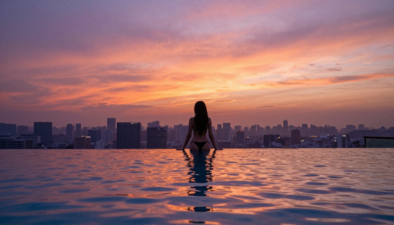 Luxury rooftop pool at sunset, woman silhouetted against burnt orange and rose gold sky, city skyline behind her Luxury rooftop pool at sunset, woman silhouetted against burnt orange and rose gold sky, city skyline behind her