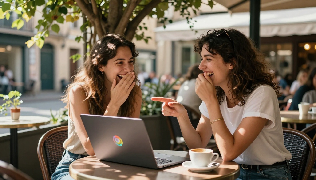 Two women creators laughing at an outdoor cafe, laptop screen showing AI generation interface, warm dappled sunlight Two women creators laughing at an outdoor cafe, laptop screen showing AI generation interface, warm dappled sunlight