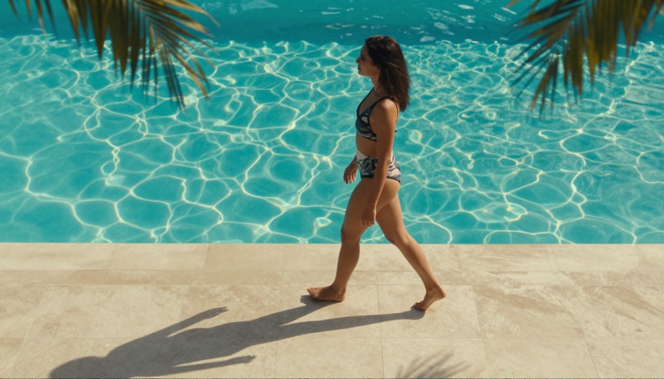 Woman walking along a tropical pool deck at sunset, her reflection in the turquoise water, palm trees slightly blurred Woman walking along a tropical pool deck at sunset, her reflection in the turquoise water, palm trees slightly blurred