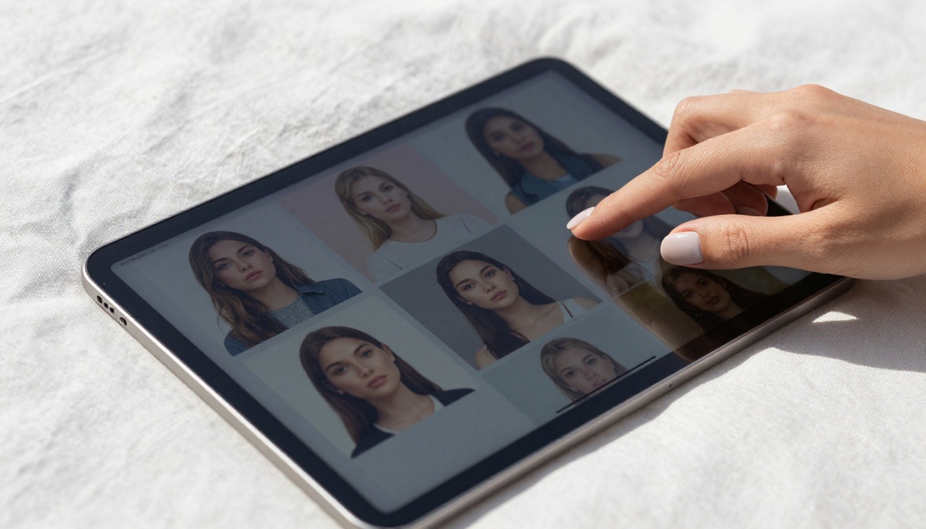 Tablet screen displaying a grid of AI-generated portrait images, outdoors in bright natural sunlight, woman's hand reaching toward the screen Tablet screen displaying a grid of AI-generated portrait images, outdoors in bright natural sunlight, woman's hand reaching toward the screen