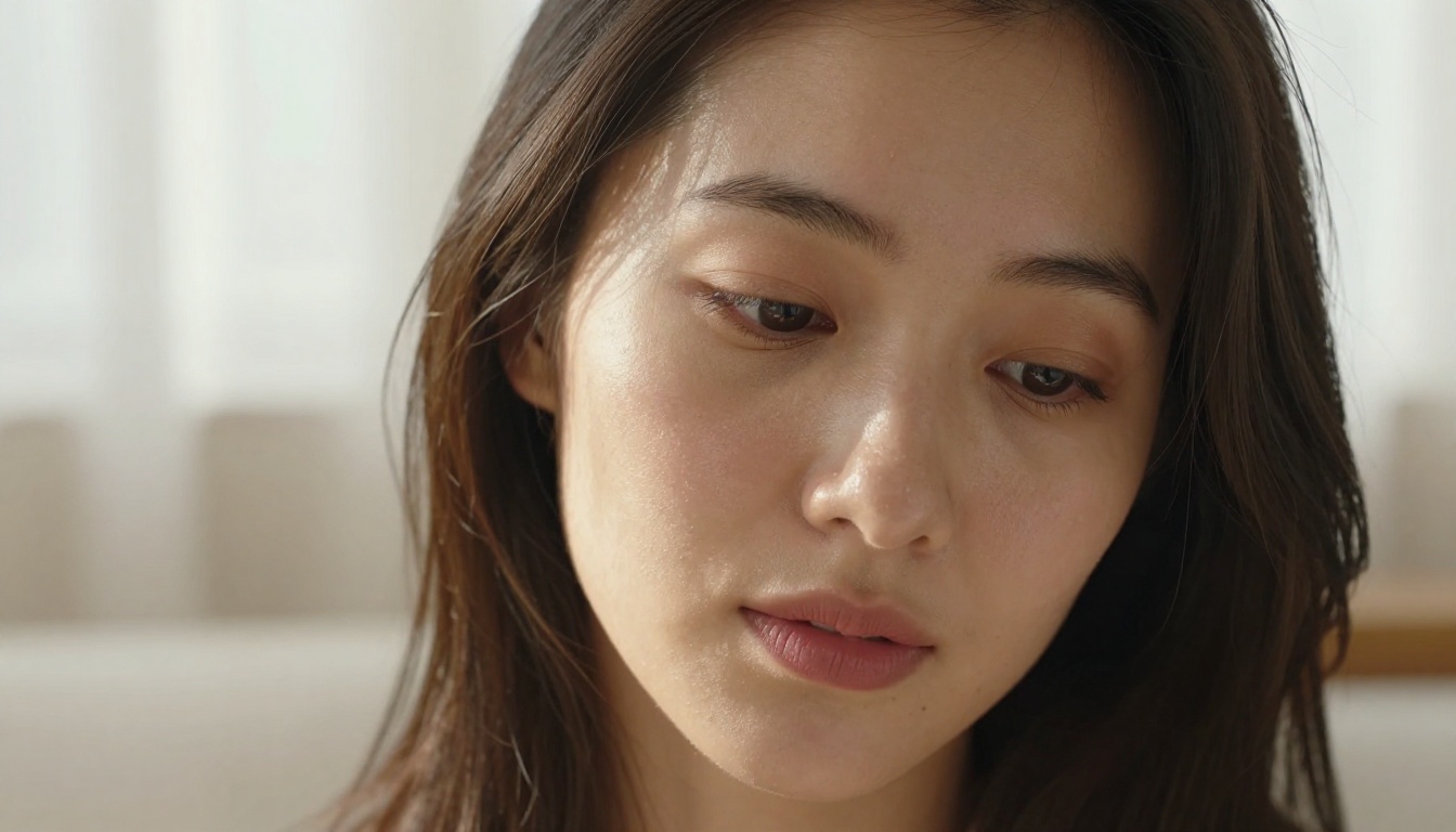 Close-up portrait of woman with dewy skin, morning light from left, 85mm lens