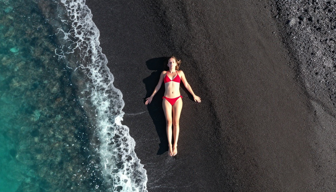 Aerial drone shot of woman in red bikini on black volcanic sand beach