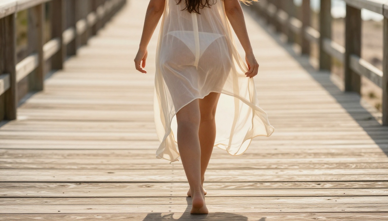Woman in cream sheer beach cover-up walking on boardwalk, backlit by afternoon sun