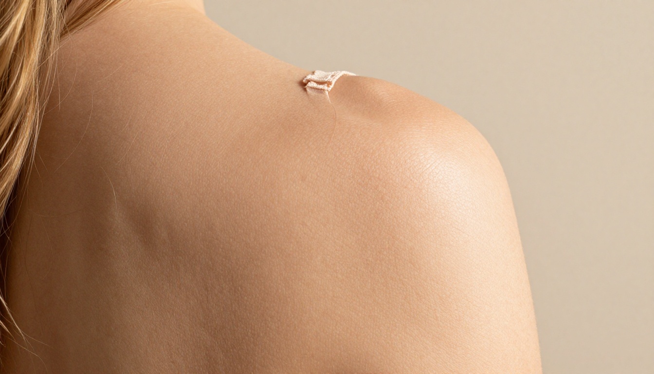 Hyperrealistic macro close-up of skin and lace bra strap on woman's shoulder, directional hard light