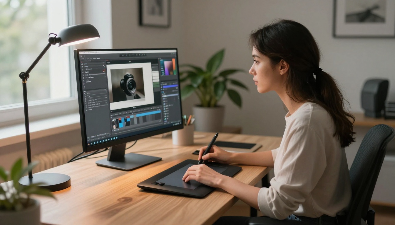 Woman editing photos at professional monitor setup, hands on graphics tablet with natural anatomy Woman editing photos at professional monitor setup, hands on graphics tablet with natural anatomy