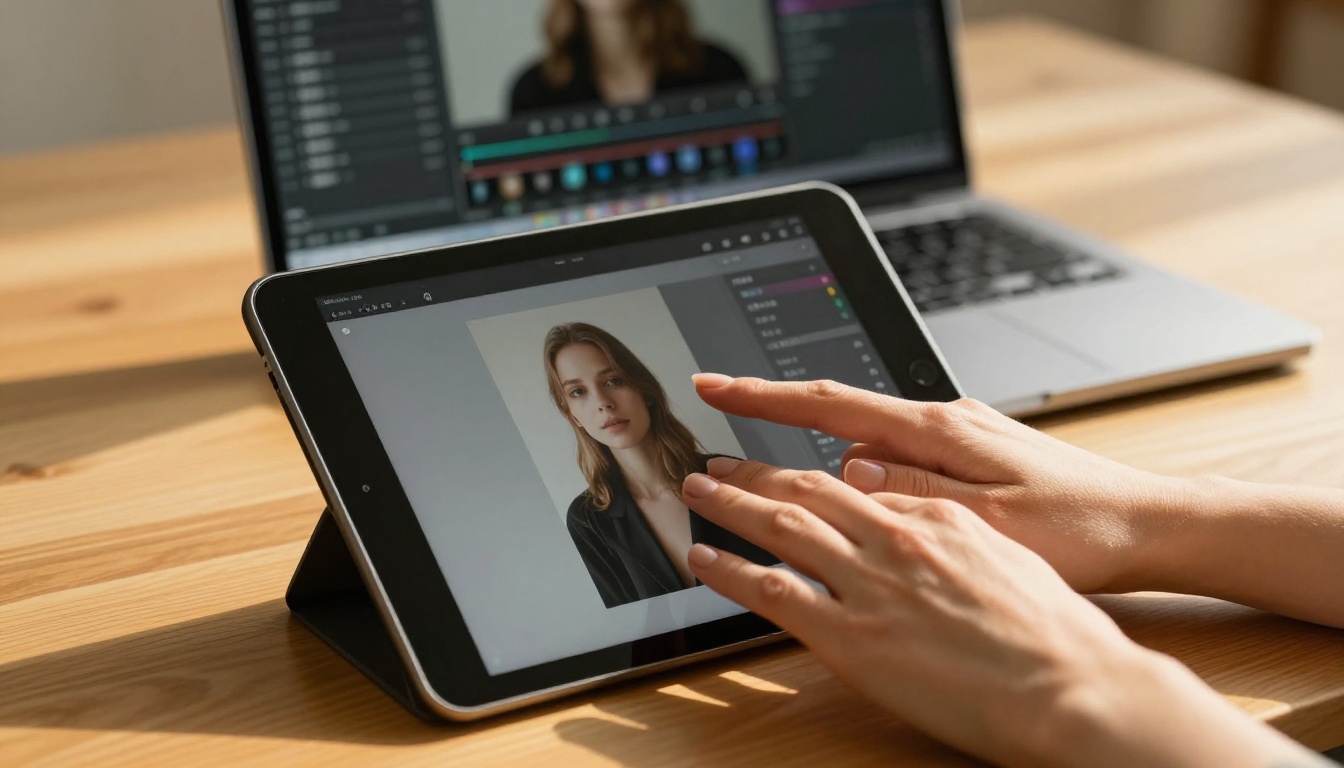 Female hand touching tablet screen with photo editing software, natural finger anatomy on display Female hand touching tablet screen with photo editing software, natural finger anatomy on display