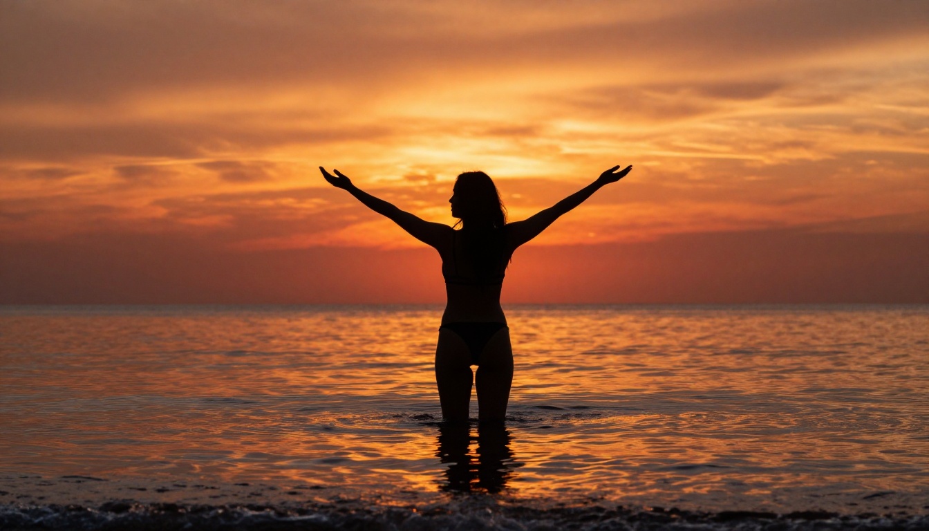 Dramatic sunset silhouette of woman in calm ocean water at golden hour