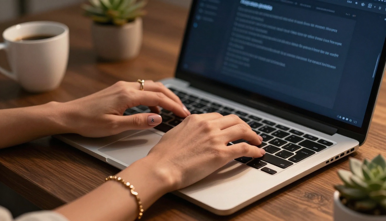 Close-up of hands typing AI image generation prompts on laptop keyboard