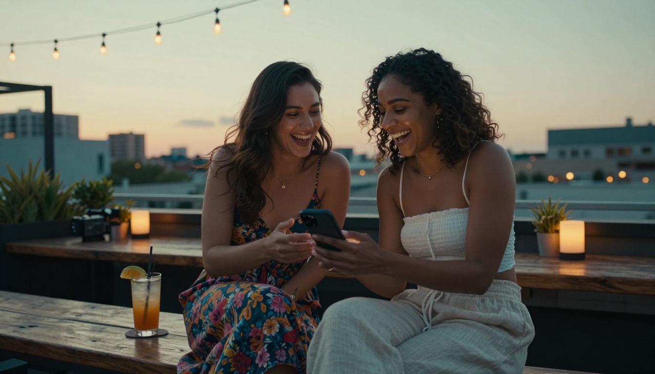 Two women sharing excitement over AI results on a rooftop bar at golden hour