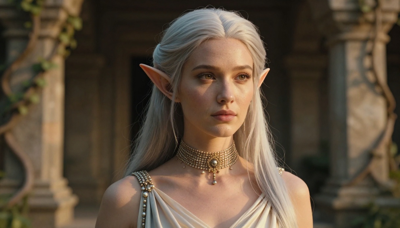 Fantasy elf woman close-up portrait with silver hair in warm golden afternoon light