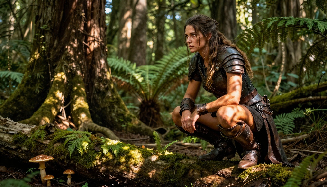 A powerful fantasy warrior woman in dark leather armor crouching alertly on a mossy log in an ancient old-growth forest with dappled sunlight