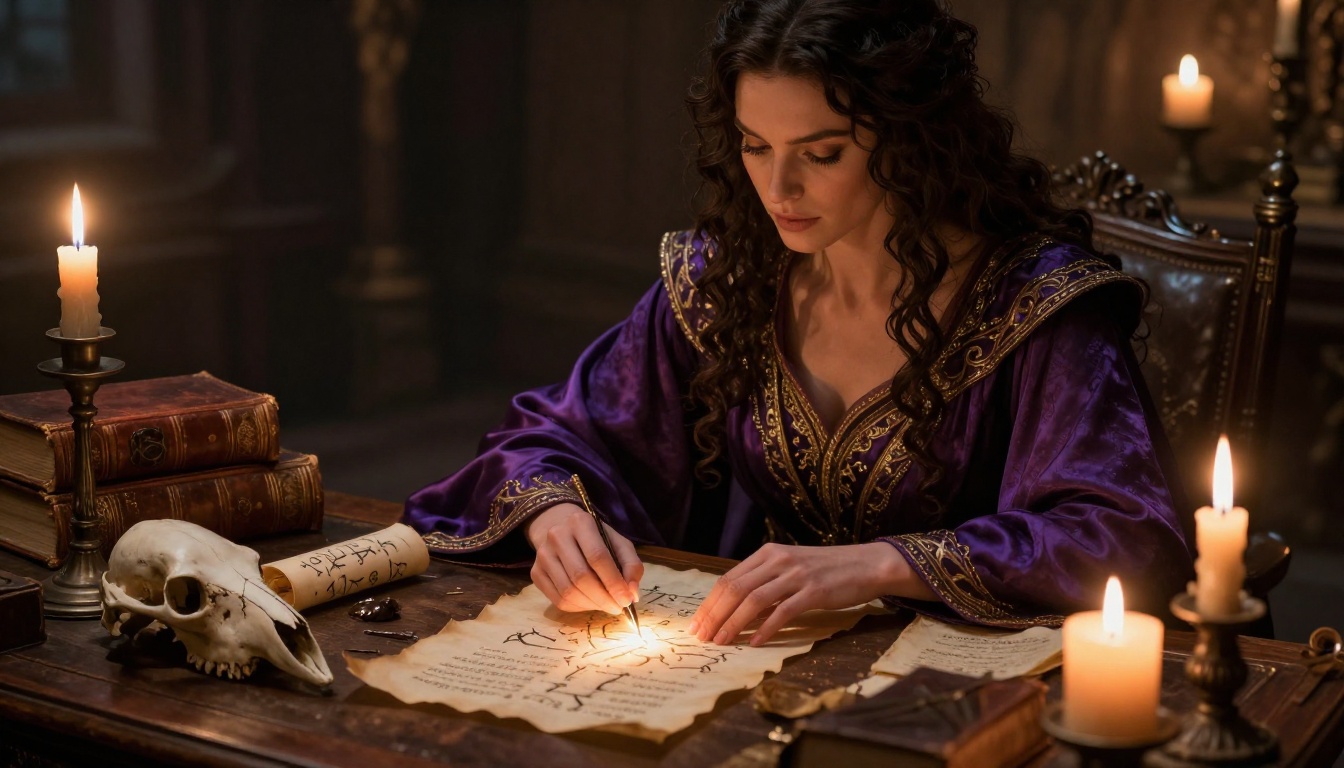 Fantasy sorceress at a candlelit ancient desk surrounded by arcane books and rune-covered parchment scrolls
