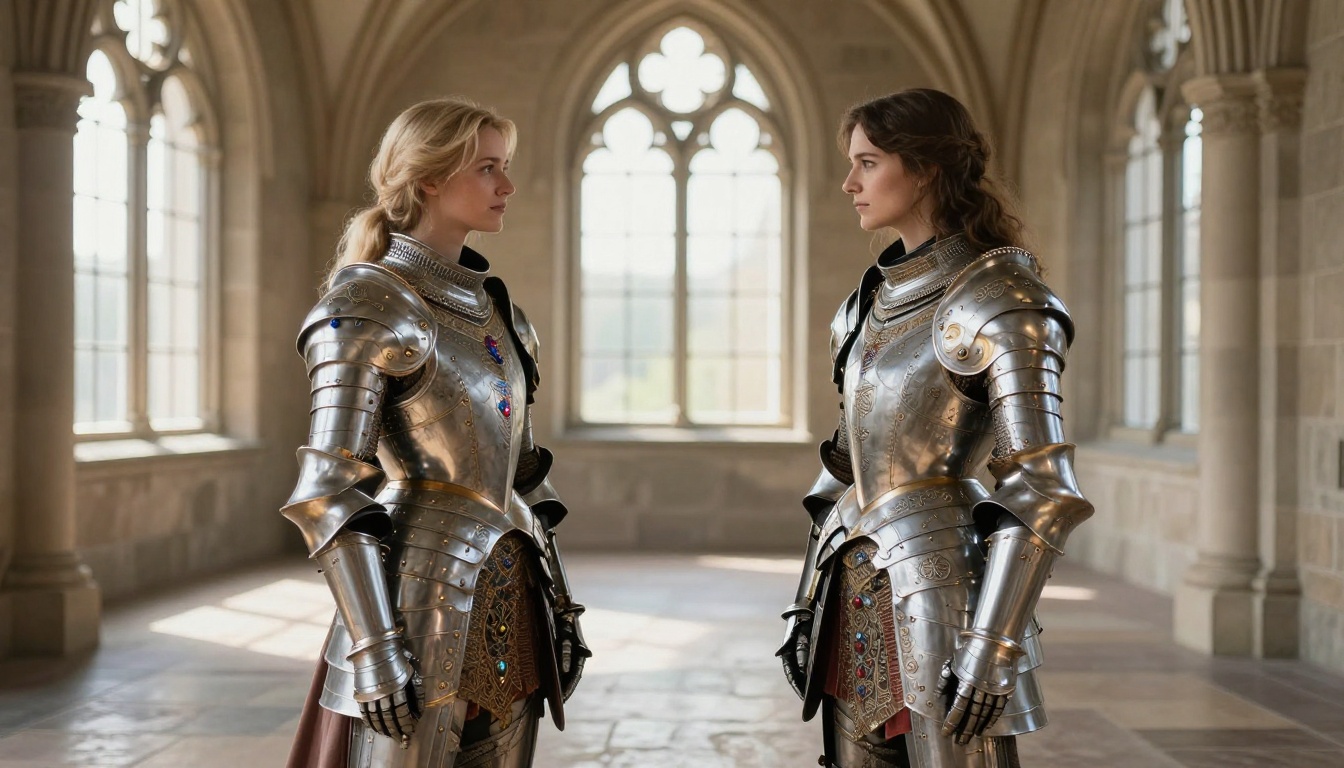 Two fantasy women knights in ornate silver and gold plate armor standing face to face in a grand sunlit stone hall
