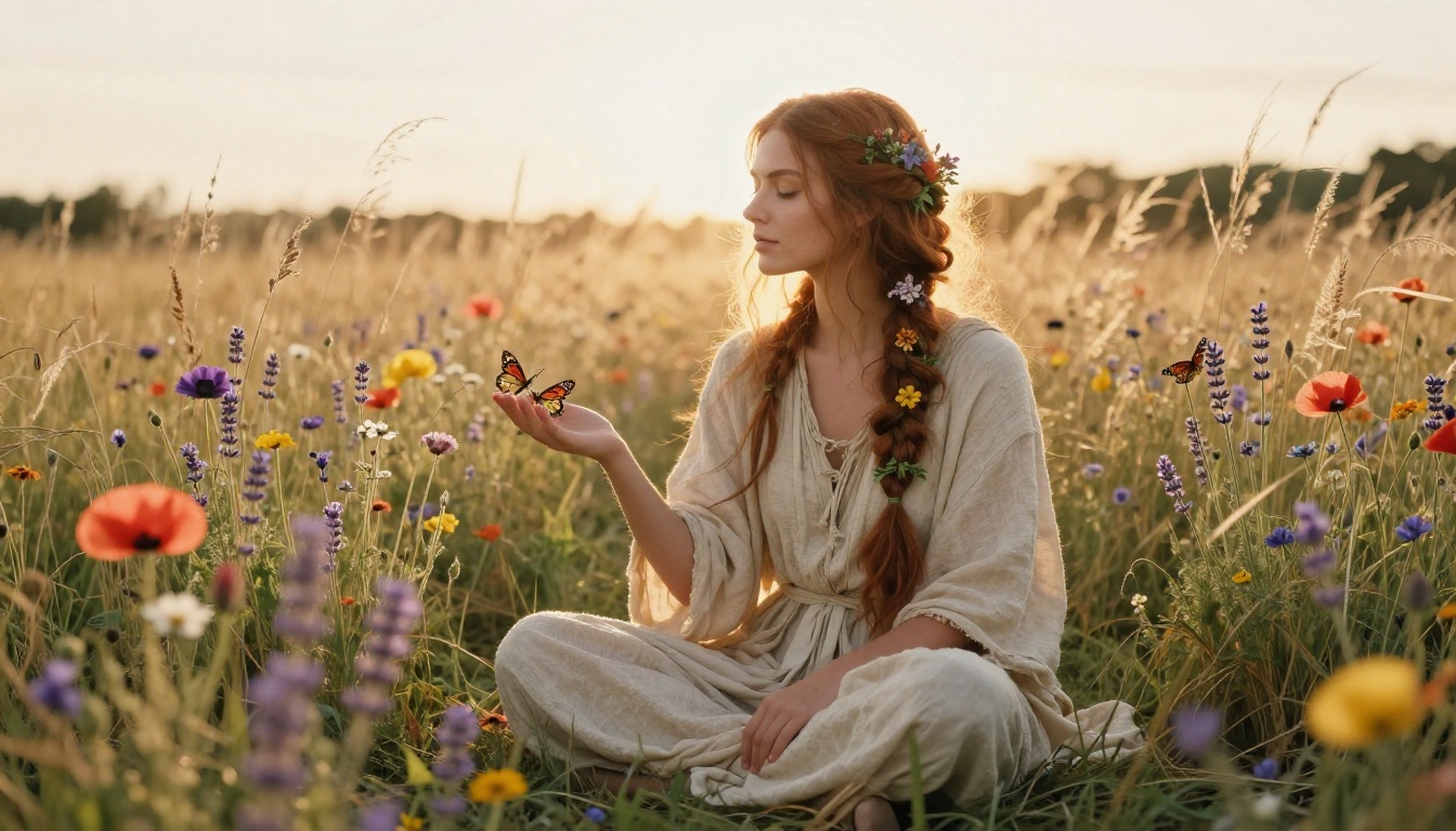 A beautiful fantasy druid woman sitting cross-legged in a sun-dappled wildflower meadow with butterflies near her hands