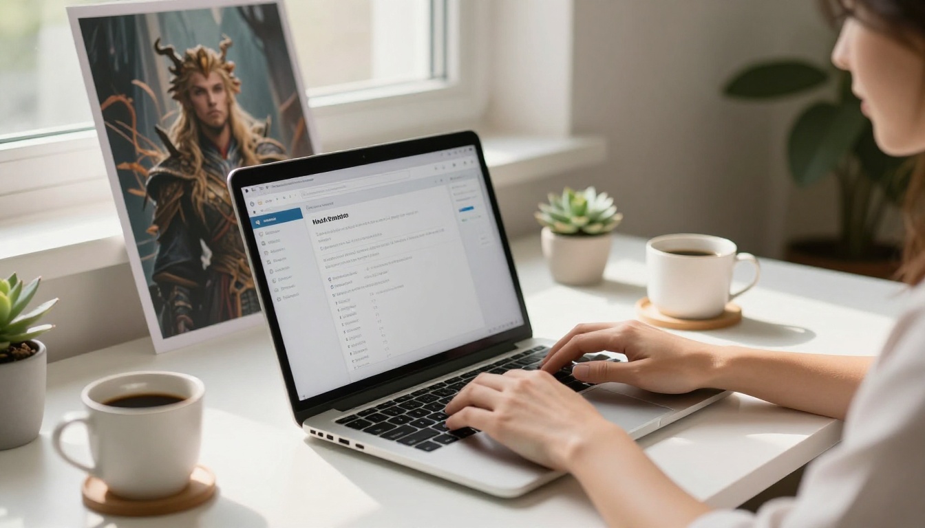 A lifestyle photo of hands typing at a laptop with an AI image generation interface open beside a printed fantasy portrait