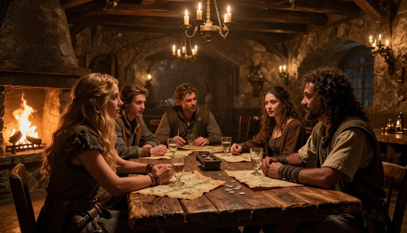 A dramatic fantasy tavern interior scene with diverse characters gathered around a large firelit wooden table covered in maps and goblets