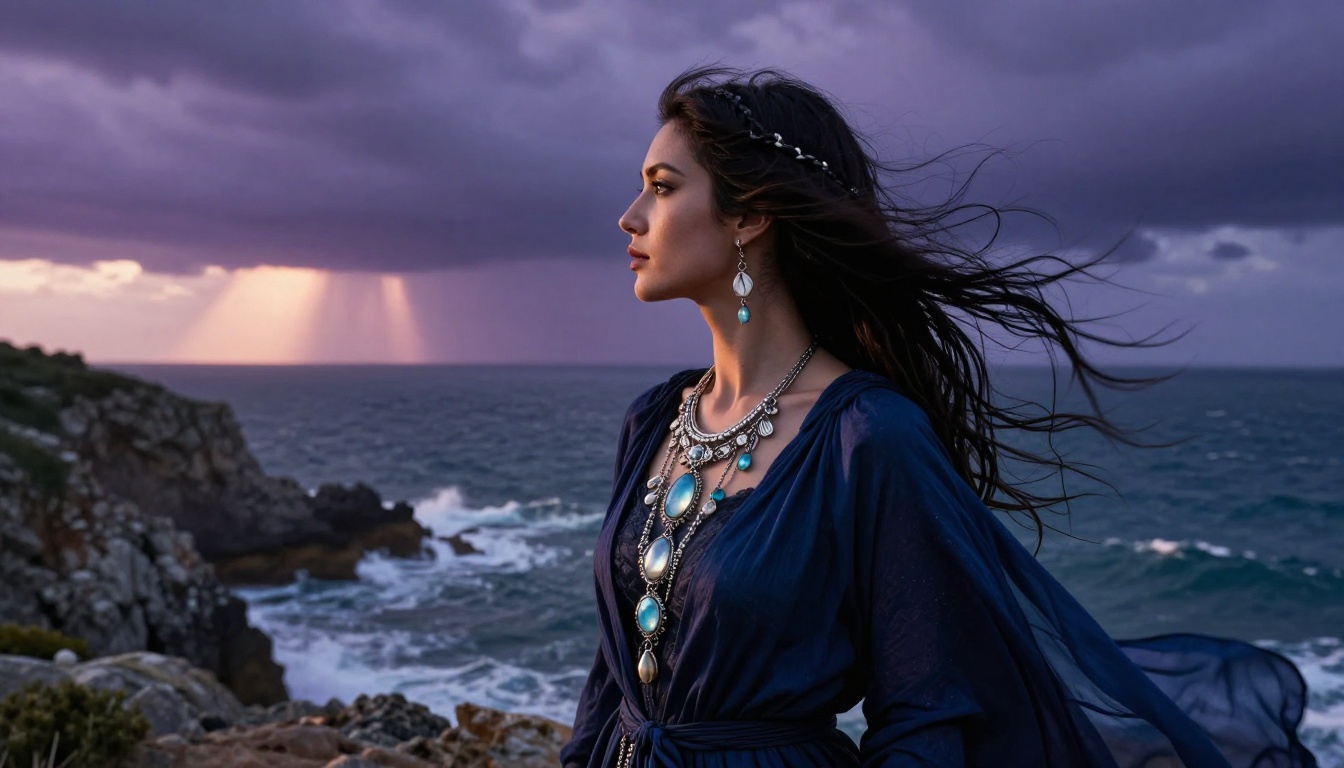 A fantasy sea witch standing on a rocky coastal cliff with storm clouds and dramatic ocean light behind her silver jewelry catching the light