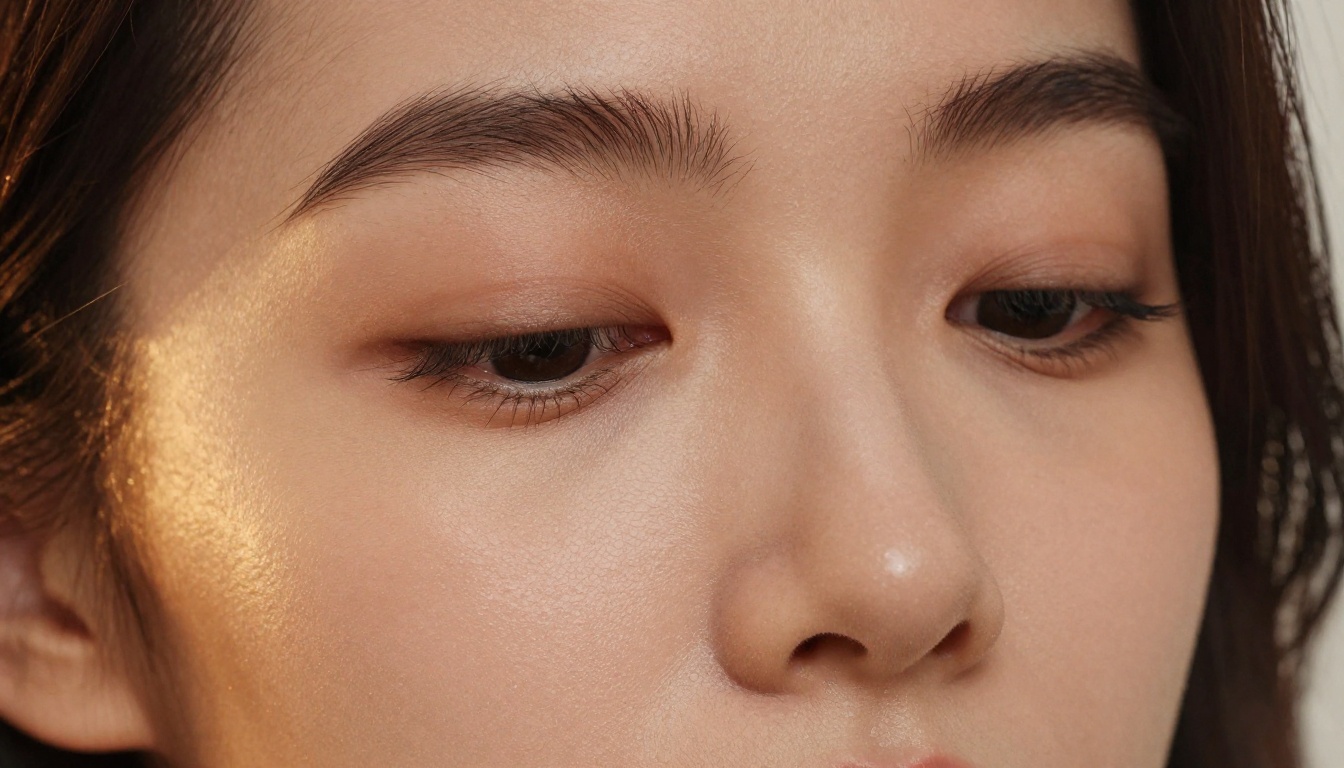 Ultra-close portrait, individual pores visible, natural dewy skin, no makeup