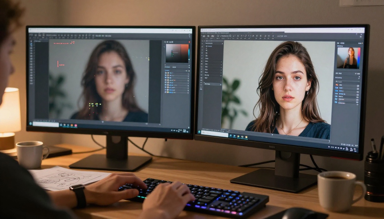Digital workspace with model comparison on monitors