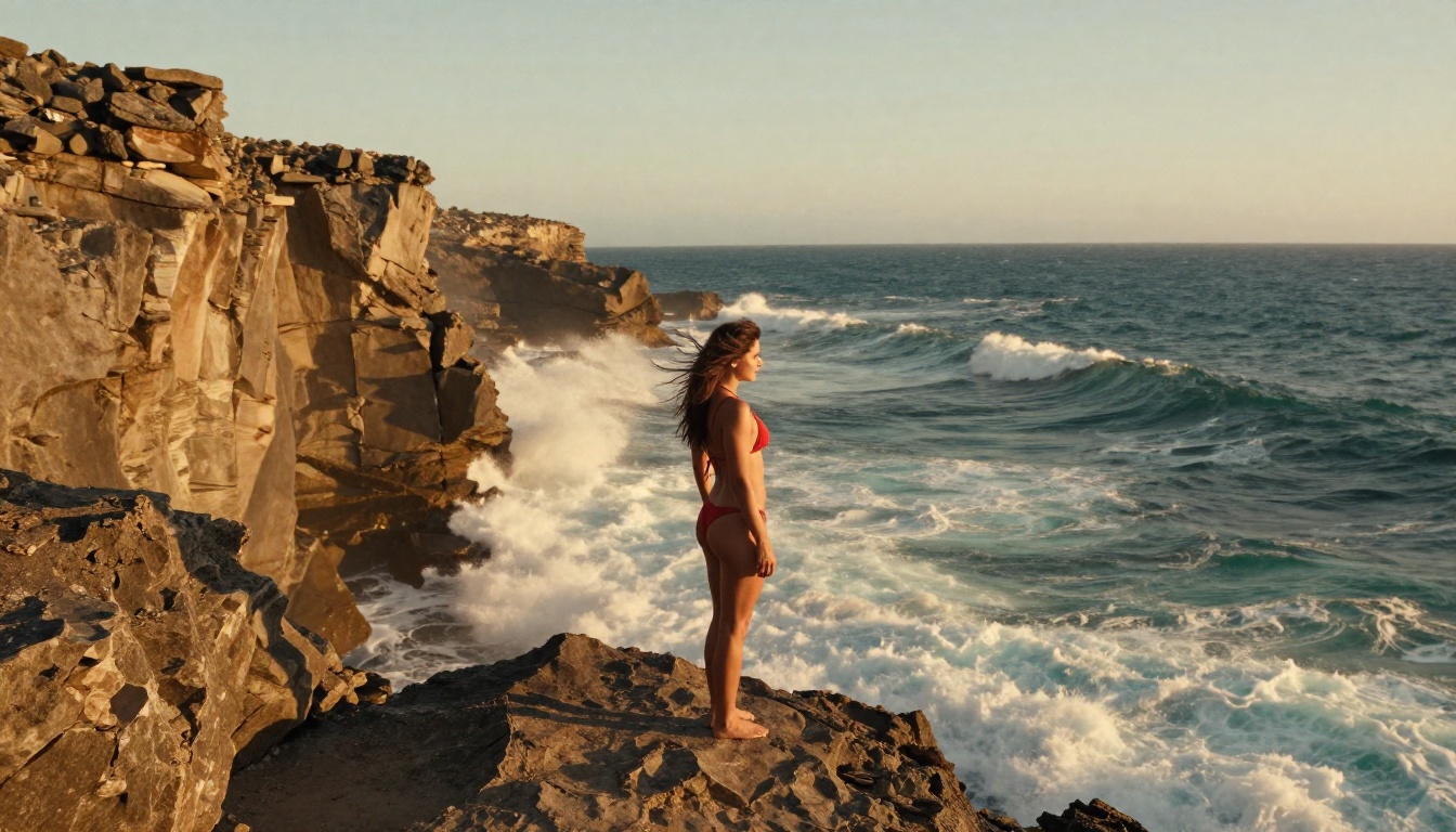 Woman in red bikini on dramatic sea cliff
