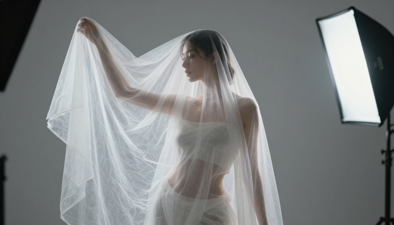 Artistic portrait in sheer white linen, studio backlight creating luminous halo