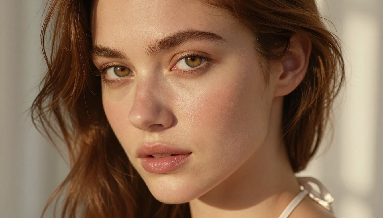 High-fidelity close-up portrait showing natural skin texture and hazel eyes, photorealistic editorial glamour photography