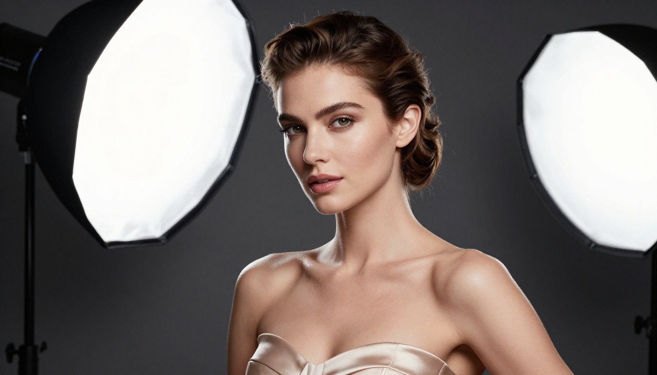 Studio beauty portrait with Rembrandt lighting setup, strapless champagne silk top, charcoal gray seamless background
