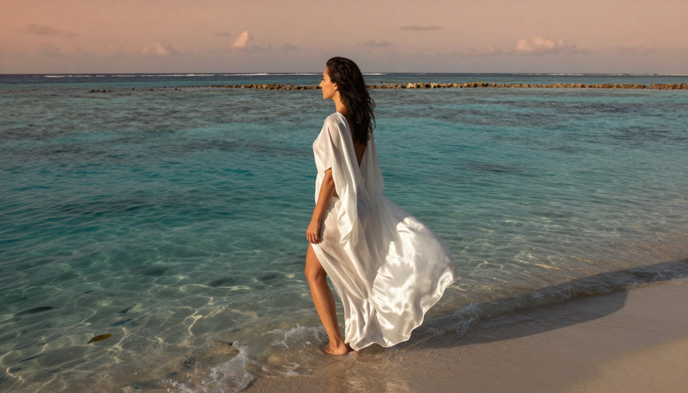 Woman in white silk dress wading in tropical lagoon at morning light, water refractions on fabric