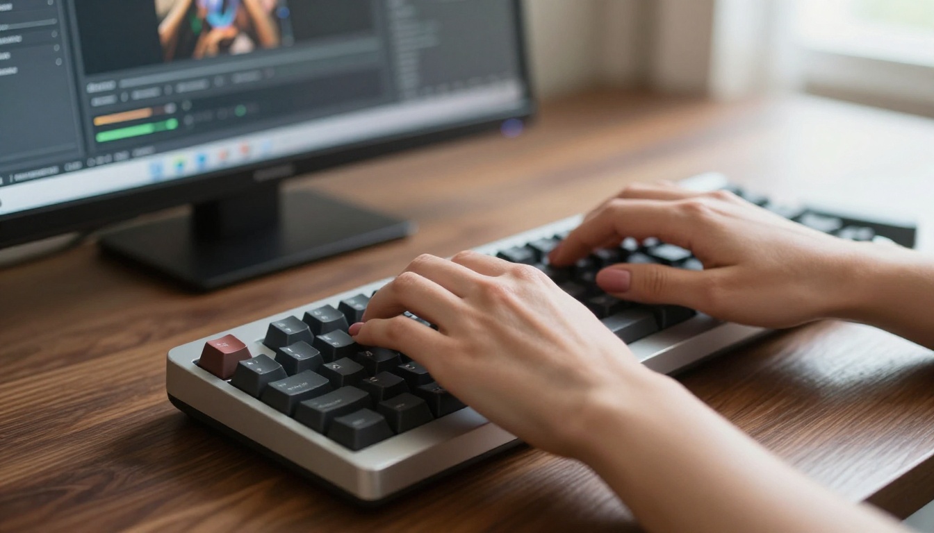Hands typing on a keyboard with AI interface visible in background, representing the creative workflow of using Seedream models Hands typing on a keyboard with AI interface visible in background, representing the creative workflow of using Seedream models