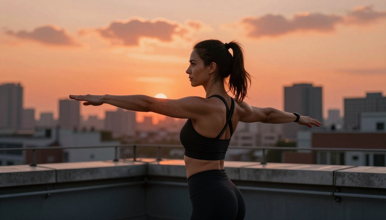 A fit woman in athletic wear stretching on a rooftop at golden sunrise, city skyline in soft bokeh, 135mm telephoto, photorealistic 8K