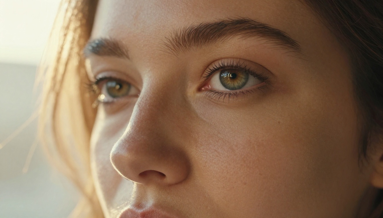 Close-up portrait of a woman with flawless skin in golden backlight, 105mm macro lens, every skin pore visible, Kodak Portra 160, photorealistic 8K