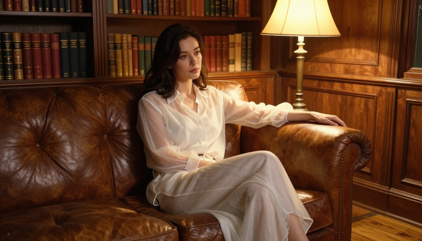 A woman in a sheer white blouse sitting on a vintage leather couch in a warmly lit study, 50mm f/1.8, tungsten desk lamp, Kodak Portra 400, literary portrait