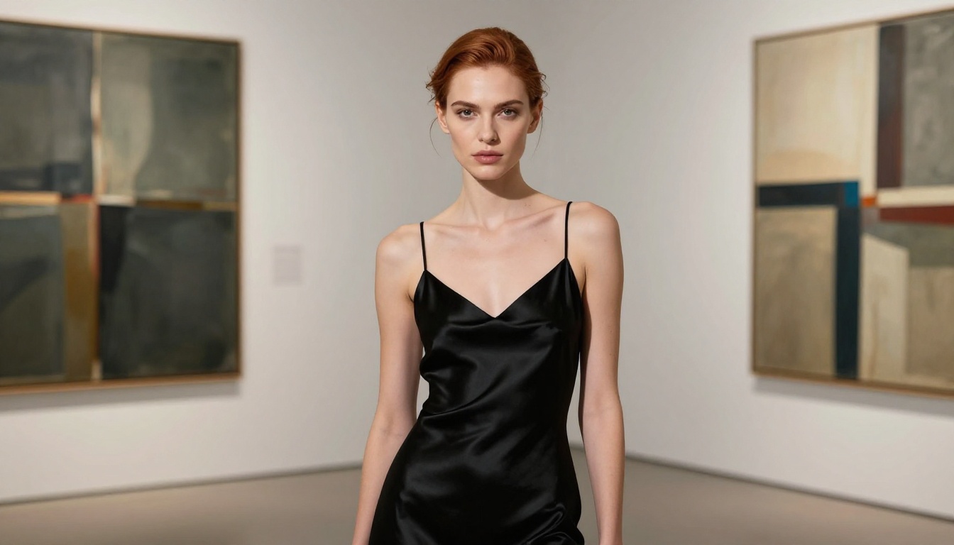 Elegant auburn-haired woman in luxurious black silk slip dress under dramatic spotlight in contemporary art gallery