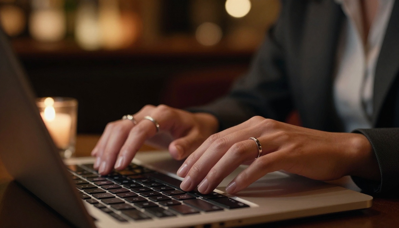 Woman in a charcoal blazer with rings on her fingers working at a laptop in a candlelit sophisticated lounge, close-up hands, 8K photorealistic