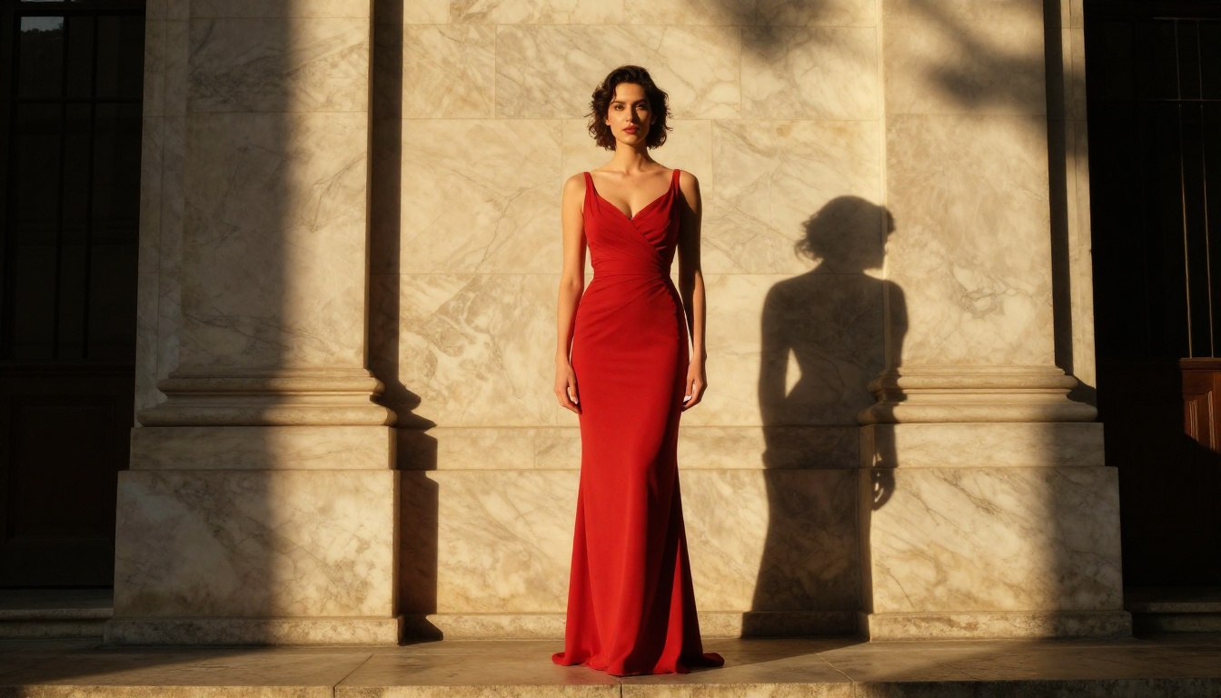 Tall woman in a fitted red evening gown on marble steps, low golden hour light, confident expression, 8K photorealistic
