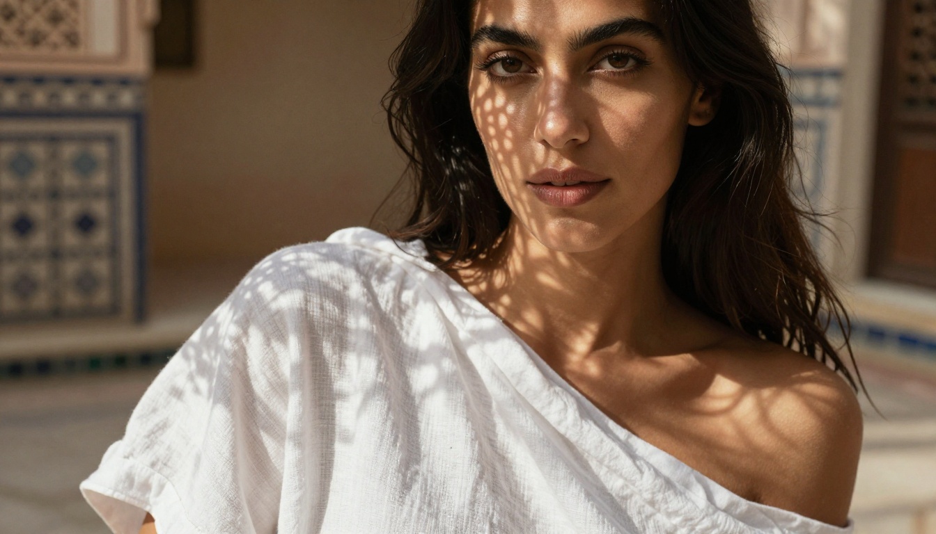 Woman with dark expressive eyes in a sun-drenched Moroccan riad courtyard, dappled lattice shadows on skin, flowing white linen, 8K photorealistic