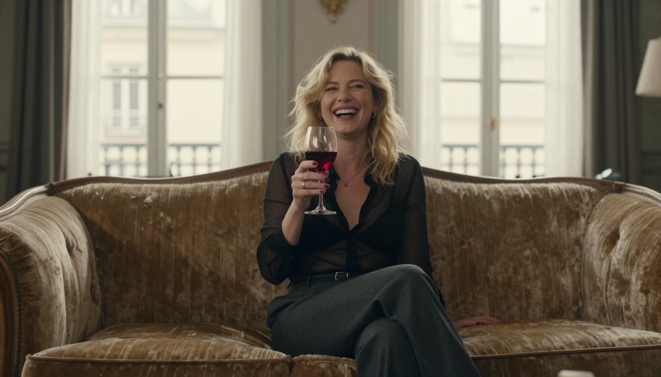 Woman with tousled blonde hair on a vintage velvet sofa in a Parisian loft apartment, sheer blouse, wine glass, candid laugh, 8K photorealistic