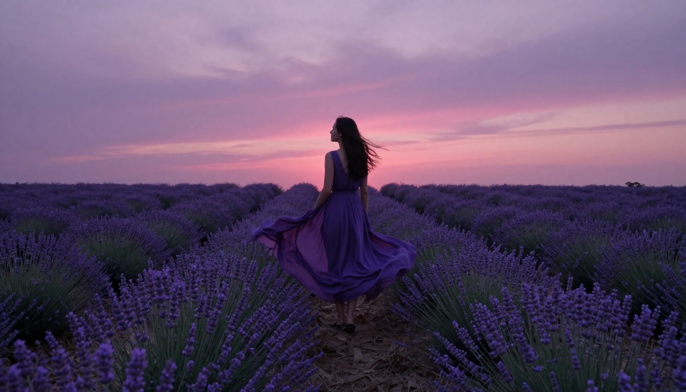 Woman in a flowing maxi dress standing in a lavender field at dusk, dress billowing in the breeze, deep purple and rose horizon, wide shot, 8K photorealistic