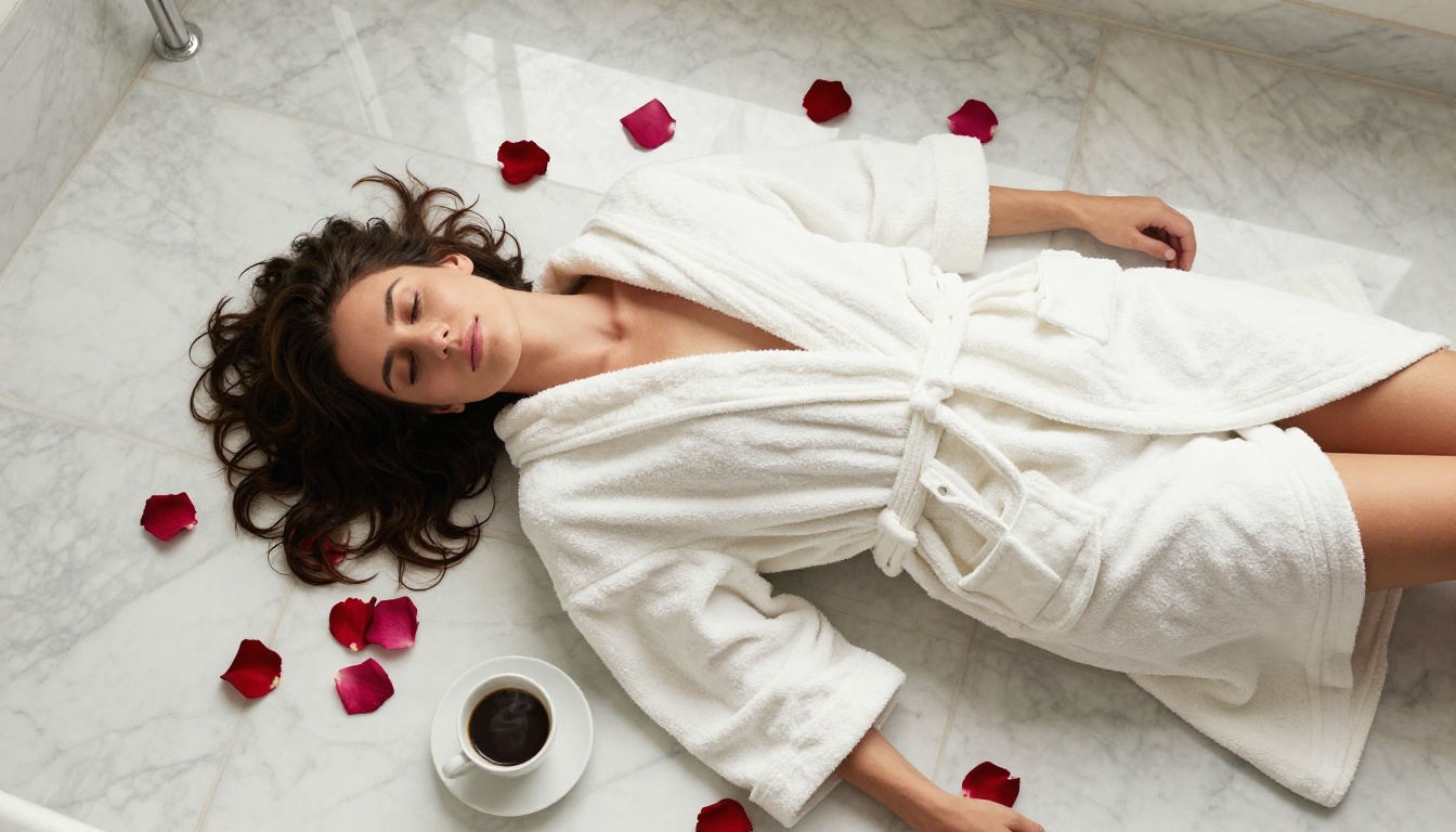 Woman in a soft terry robe on white marble bathroom floor, overhead flat-lay perspective, scattered rose petals, morning coffee, 8K photorealistic