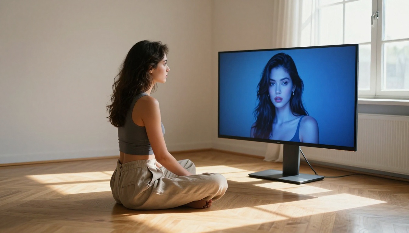 Woman at creative workspace reviewing AI-generated imagery on large professional monitor