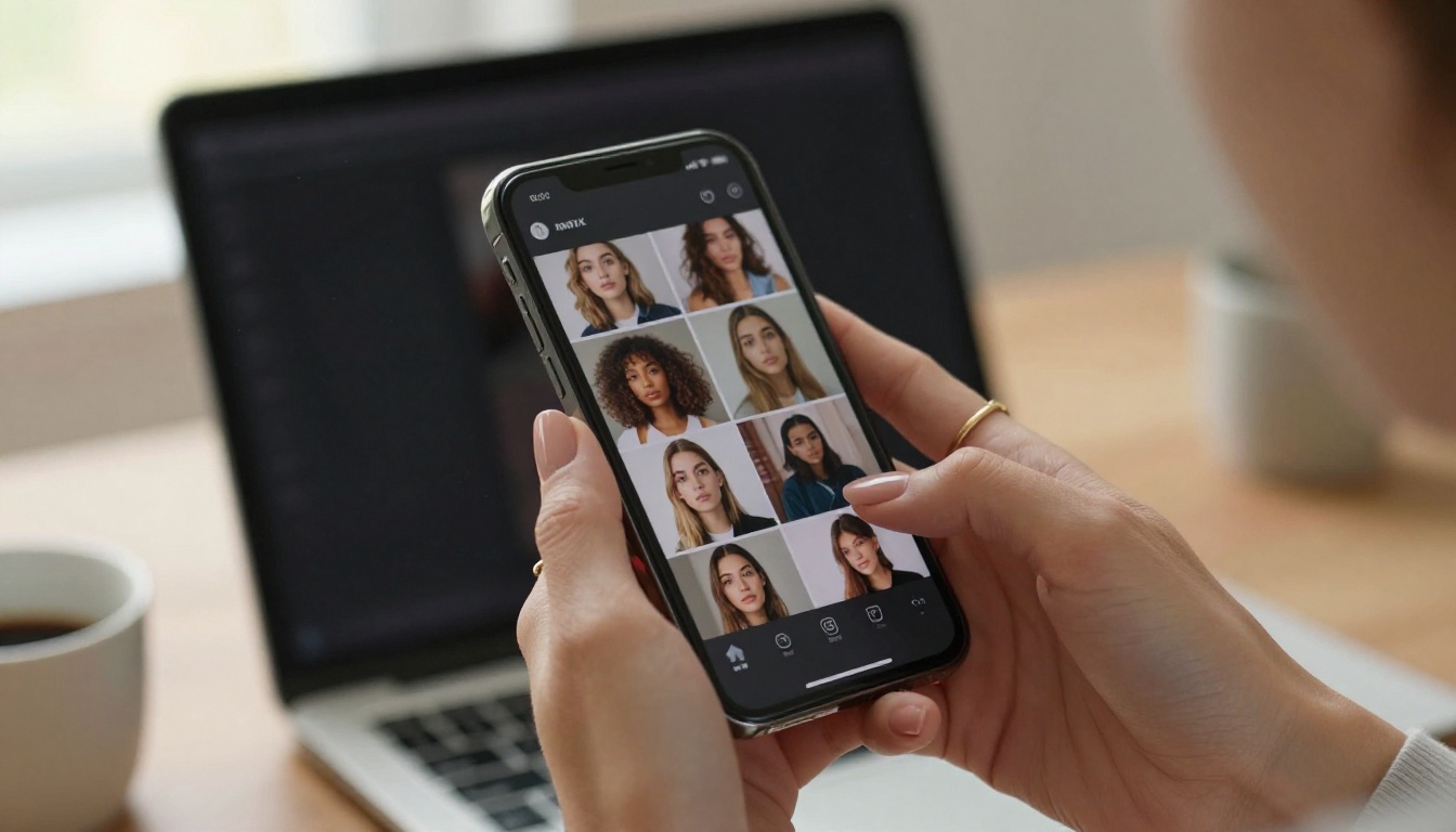 Professional creator's hands holding smartphone displaying dark-mode AI image gallery interface