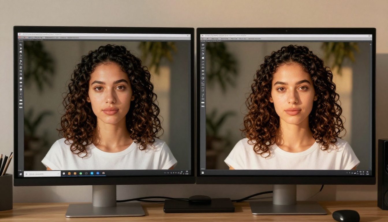 Before and after AI photo editing comparison displayed on professional monitor in creative workspace